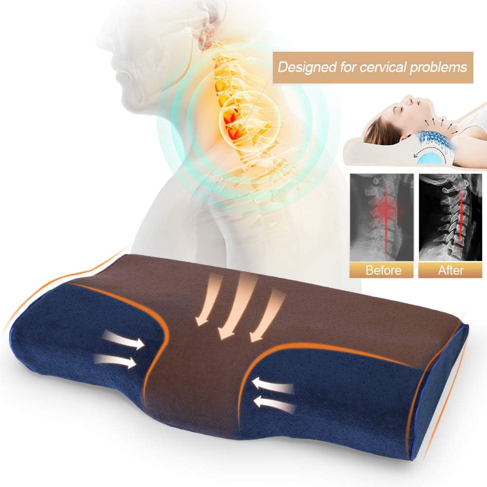 Memory Foam Pillow, Butterfly-Wings Shape Orthopedic Contour Cervical Sleeping Pillow for Neck Pain, Bed Pillow for Side Sleepers, Back and Stomach Sleepers with Washable Breathable Cover