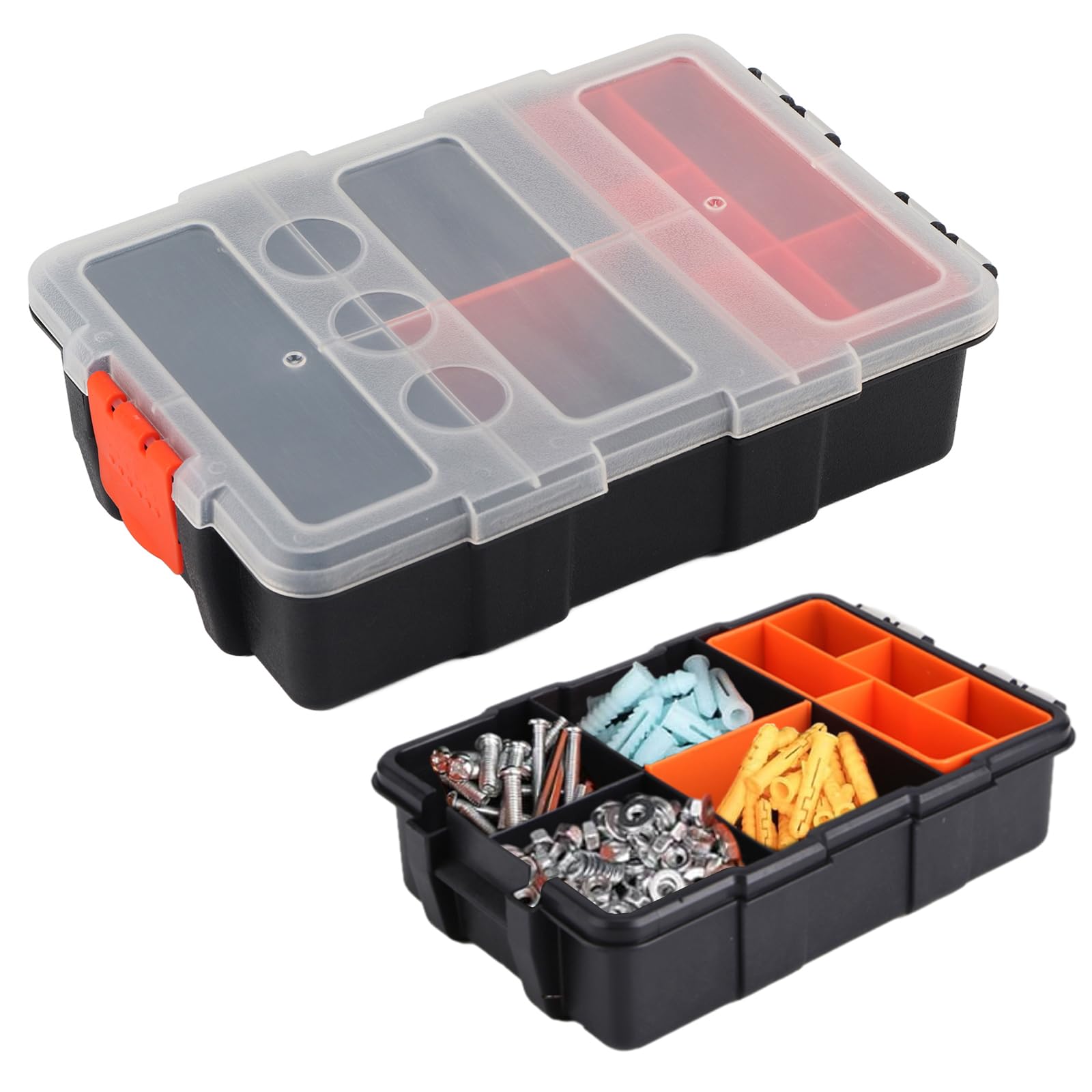 BORDSTRACT Hardware Organizer Box with Dividers, Double Layer Plastic Tools Storage Box for Components, Nails, Screws, and Bolts