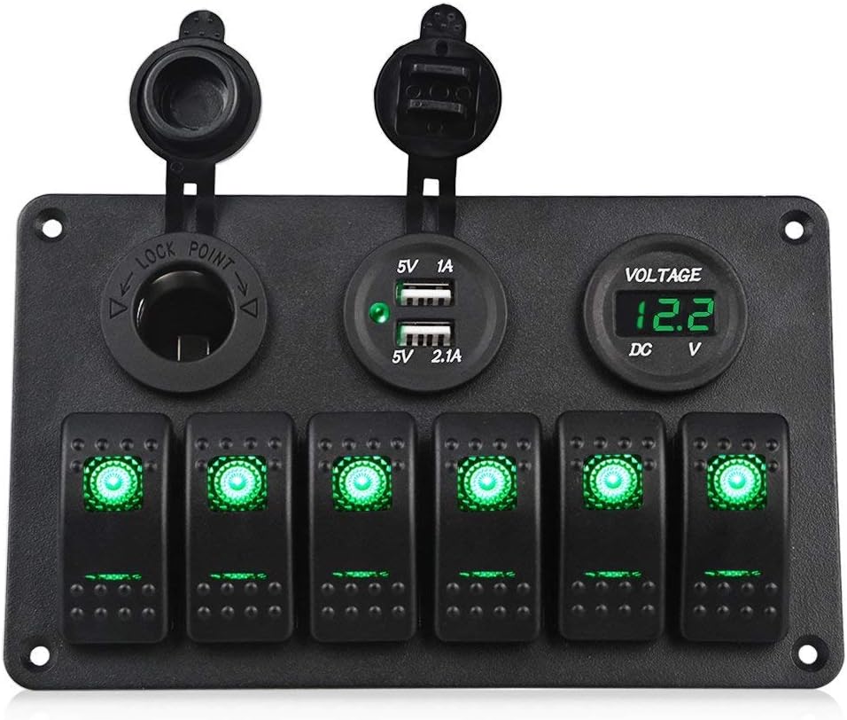 WATERWICH 6 Gang Marine Ignition Toggle Rocker Switch Panel Waterproof with Digital Voltmeter 3.1A Dual USB Charger Cigarette Lighter Socket for RV Car Boat Vehicles Truck Trailer Yacht(6 Gang Green): Automotive