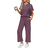 WIHOLL 2 Piece Sets for Women Casual Summer Travel Vacation Outfits Short Sleeve Wide Leg Crop Pants Lounge Sets