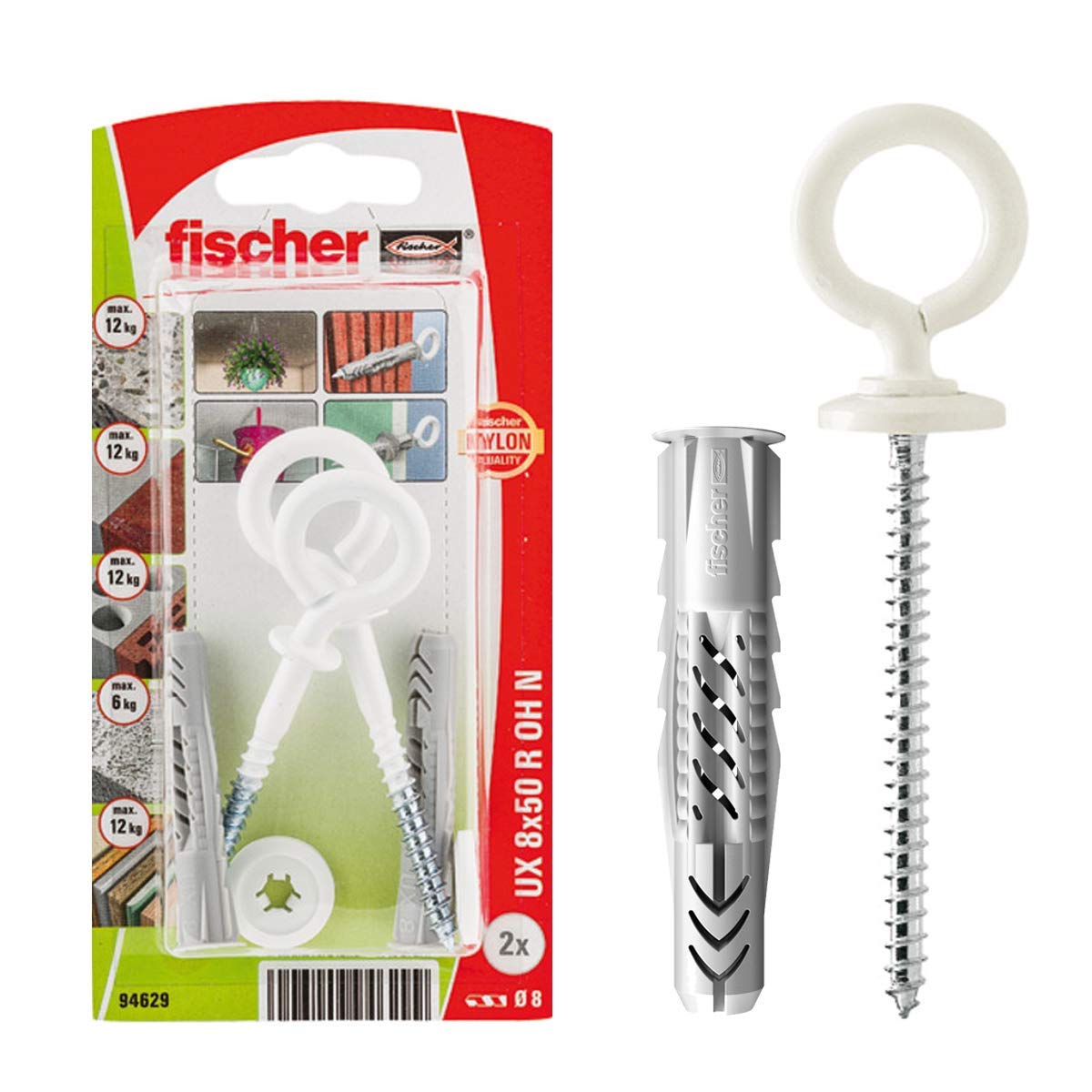 fischer Universal Plug UX 8 x 50 R OH with Rim and White Eye Hook, 94629
