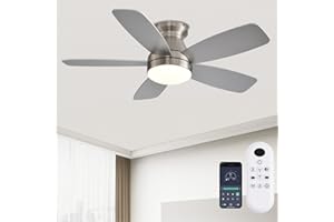 JSAITEE Ceiling Fans with Lights, 42 Inch Low Profile Ceiling Fan with Light and Remote/App Control, Flush Mount, Reversible, 3CCT, Dimmable, Noiseless, Nickel Ceiling Fan for Indoor/Outdoor Use