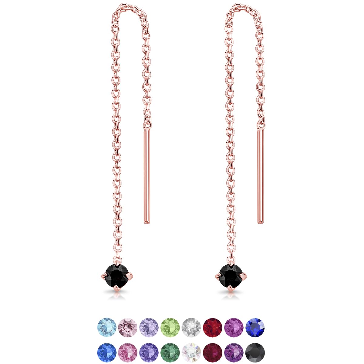 DTPsilver® 925 Sterling Silver Rose Gold Plated SMALL Pull Through Drop Chain Earrings & MINI Round Dangling 3 mm Glittering Crystals from Swarovski® Elements - Length 57 mm - Colour : Black