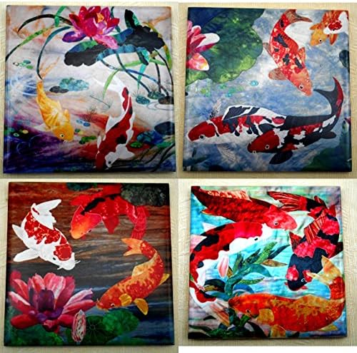 Set of 4 Ceramic Tile Coasters Trivets, Koi Fish and Lotus Flower Art, Good Luck Housewarming Gift