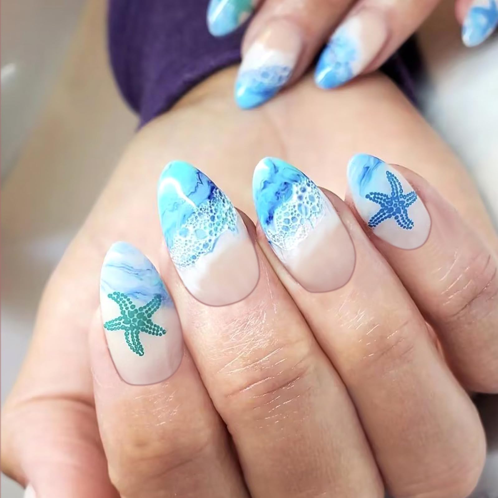 Almond Press On Nails Medium Length Fake Nails Full Cover False Nails with Beach Waves Starfish Design Glossy Summer Glue on Nails Cute Blue Nail Tips Acrylic Stick on Nails for Women Girls Manicure