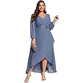 Ever-Pretty Plus Women's V Neck Long Sleeves Applique Chiffon Plus Size Fall Mother of The Bride Dress Formal Dress 03027-DA