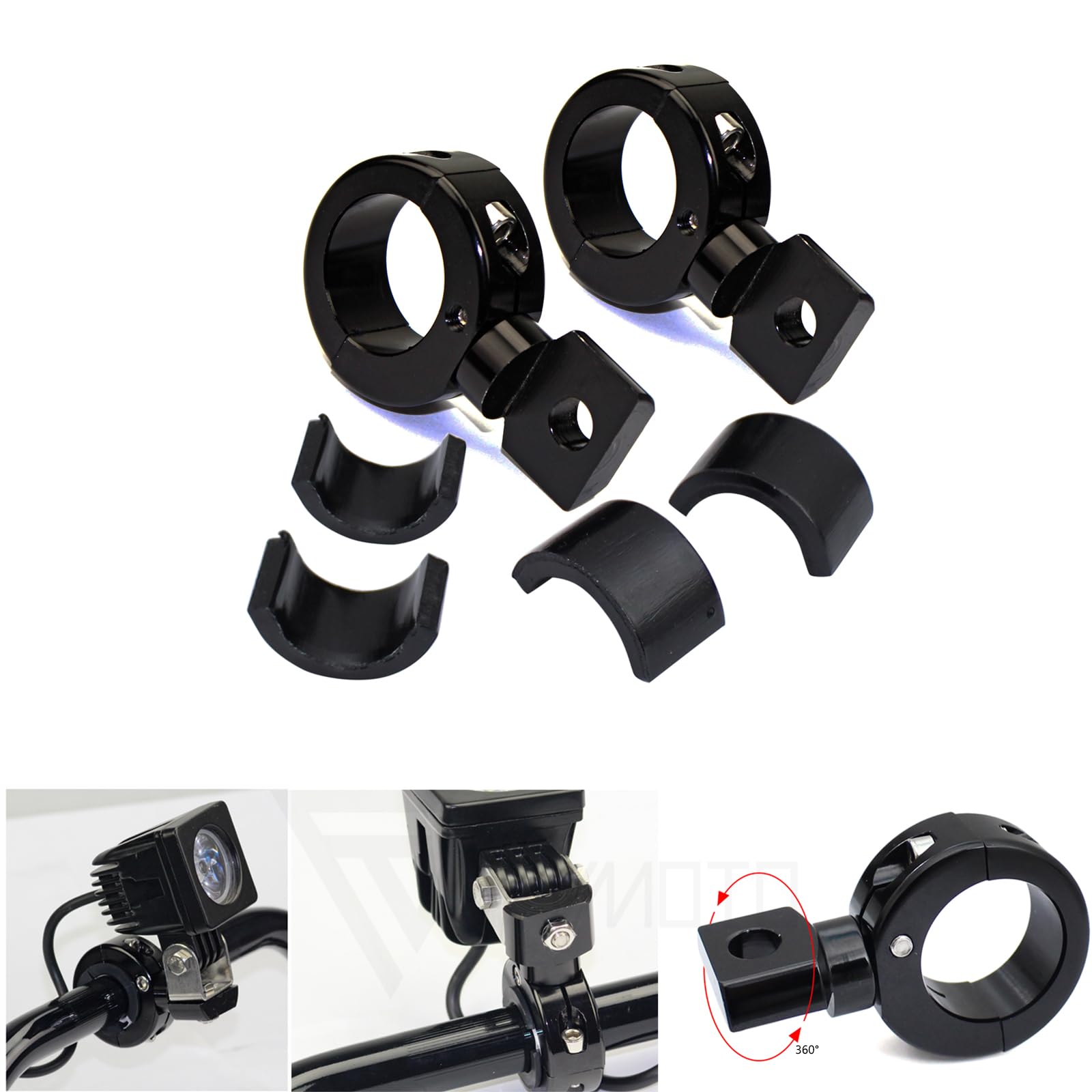 Photo 1 of FVMOTO 360°Adjustable Universal Motorcycle, ATV, 1-1/4", 1", 7/8", Fog Light Bracket Spotlight Lamp Mounting, CNC Aluminum Clamp Holder, Crash Bar Engine Guard Handlebar, Set of 2