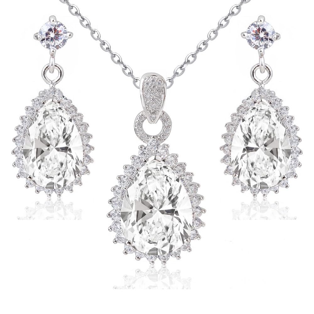 Crystalline Azuria Women 18ct White Gold Plated Teardrops White Zirconia Crystals Wedding Set Pendant Necklace 17.7 inches Dangle Earrings