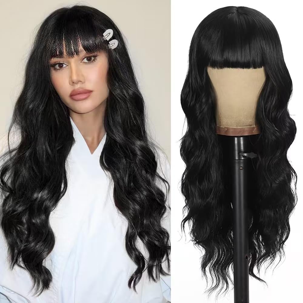 PORSMEER Long Wavy Curly Black Wig with Fringe for Women Natural Synthetic Hair Heat Resistant Wigs for Ladies Daily Party Cosplay Wear-26 Inches — image 1