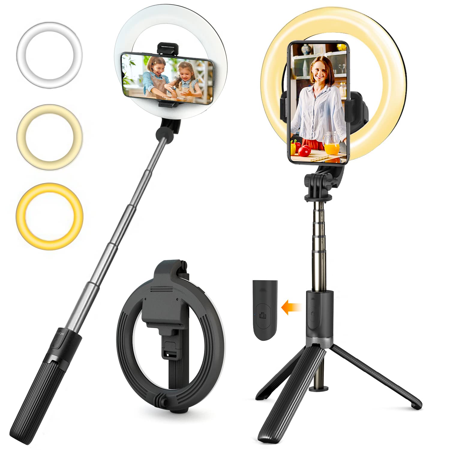 Selfie Ring Light with Tripod Stand and Phone Holder, PEYOU 35.43" Rechargeable Selfie Stick Tripod with Remote Control, 3 Color Modes, 9 Adjustable Brightness for Makeup, Live Stream,YouTube Video