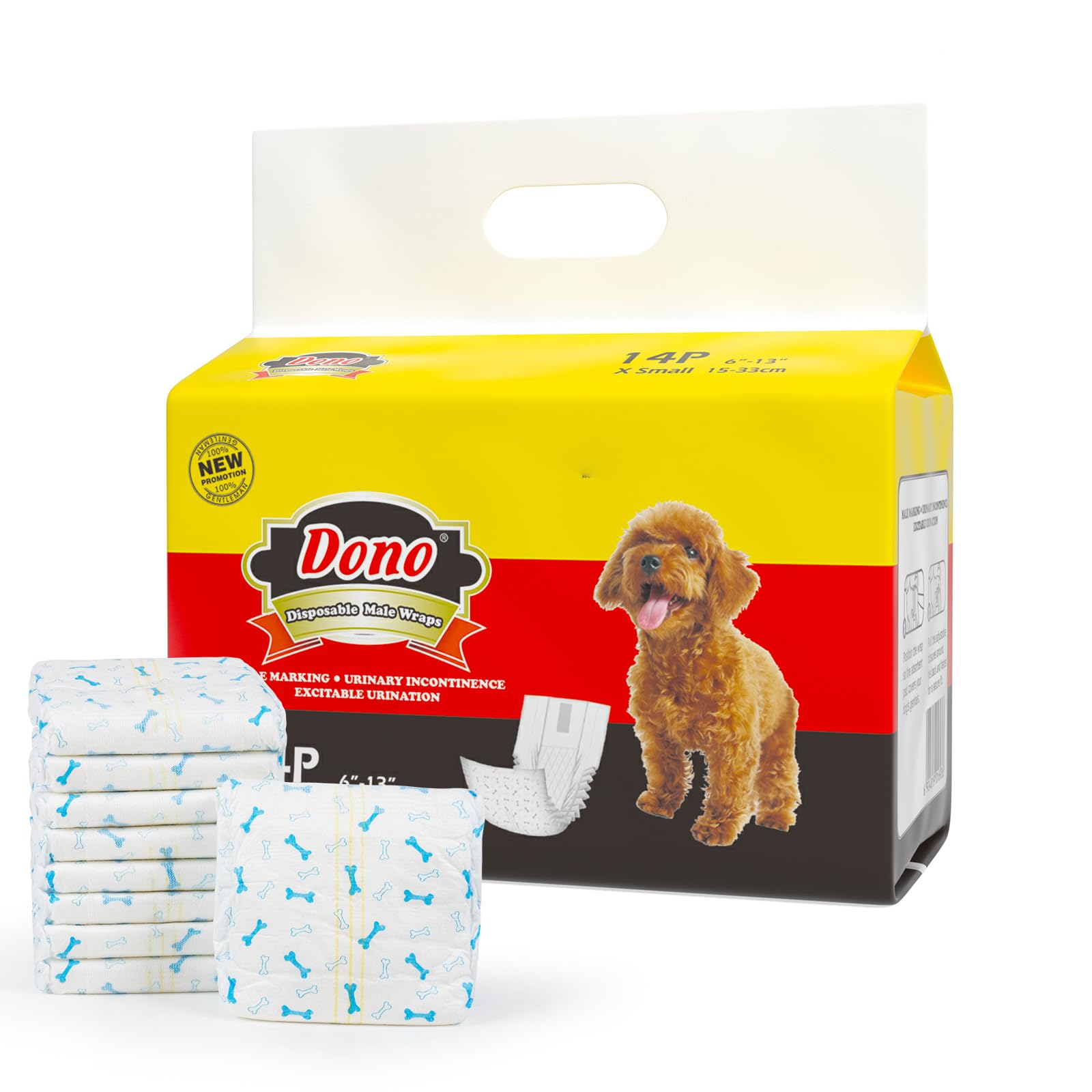 Dono Dog Nappies Male,Male Dog Wraps with Wetness Indicator,Disposable Dog Belly Bands for Puppies,Super Absorbent&Leak-proof,Puppy Nappies for Incontinence,Marking Issues,Traveling (XS 14count)
