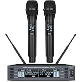 Hiberr UHF Wireless Microphone – 2channel Handheld Mic, Auto Scan, 300FT Range, PA Amplifier, Signal Shielding, 8-10H Battery – Ideal for Singers, DJs, Churches & Events (YU-E20).