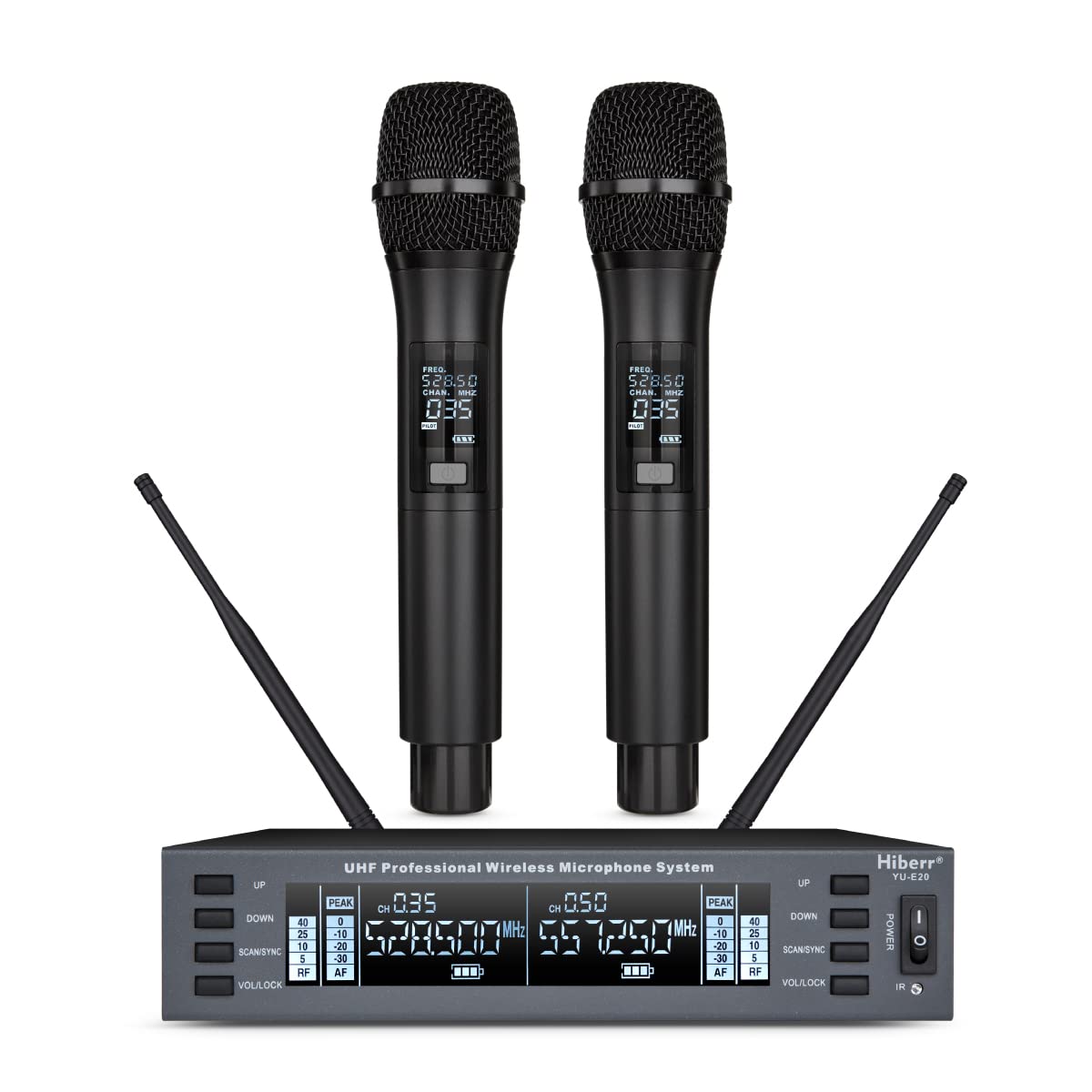 Hiberr UHF Wireless Microphone – 2channel Handheld Mic, Auto Scan, 300FT Range, PA Amplifier, Signal Shielding, 8-10H Battery – Ideal for Singers, DJs, Churches & Events (YU-E20).