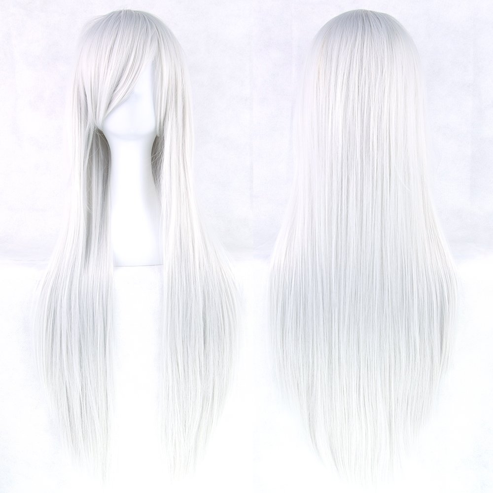 Fouriding 32" Silver White Women's Long Straight Full Wigs Costume Synthetic Hair Hairpieces with Oblique Bangs for Halloween Anime Cosplay Party Girl Women +Wig Cap