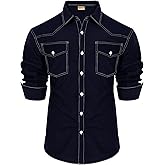 UpFind Men's Western Cowboy Shirt Long Sleeve Cotton Slim Fit Casual Button Down Shirts with Pockets