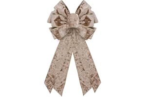 CHMOART Christmas Wreath Bow 20 x 11 Inches Large Christmas Bows Golden Trimmed Champagne Velvet Bow Winter Farmhouse Bow Xmas Tree Topper Bow for Home Front Door Decorations