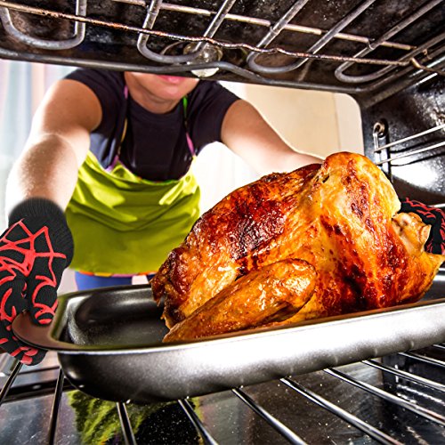 Gven BBQ Gloves, Extreme Heat Resistant Cooking Kitchen Mitts Non-Slip Grilling Gloves BBQ Fireplace Accessories with Cool Spider Design