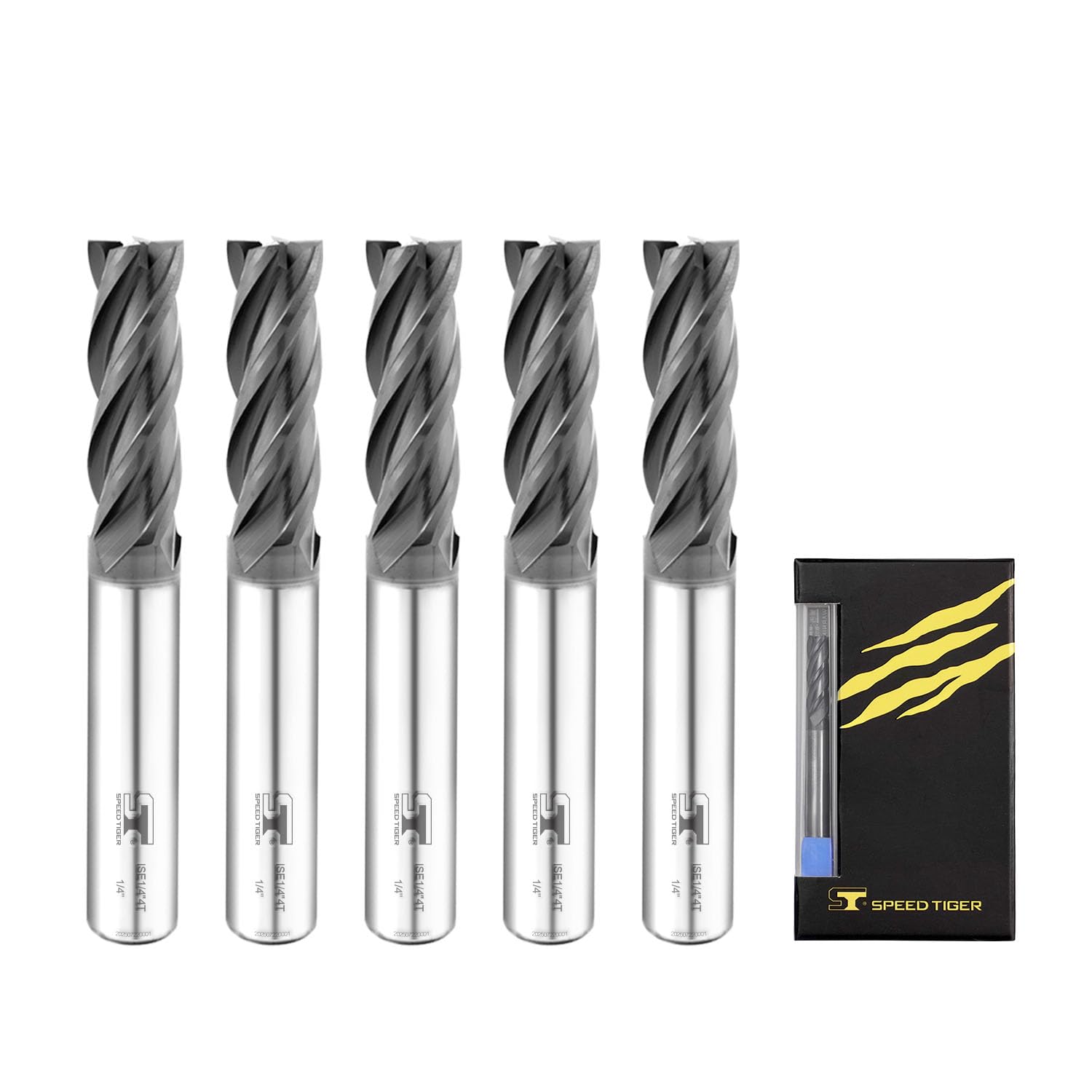 SPEED TIGER ISE Carbide Square End Mill - Micro Grain Carbide End Mill for Alloy Steels/Hardened Steels - 4 Flute - ISE1/4"4T - Made in Taiwan (5 Pieces, 1/4")