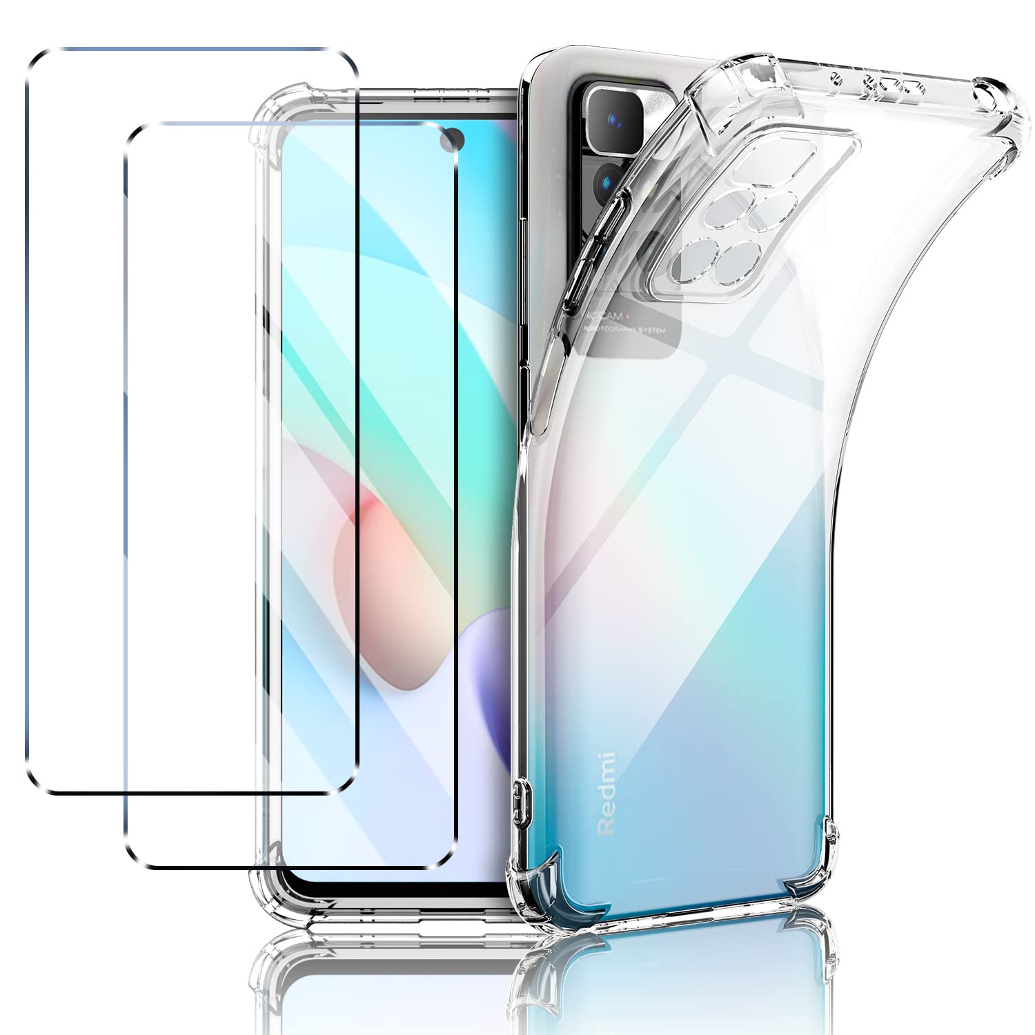 New&Teck Case for Xiaomi Redmi 10 (6.5) + 2 x [Tempered Glass Screen Protector], Transparent Soft TPU Silicone Case [Bumper with Reinforced Corners],