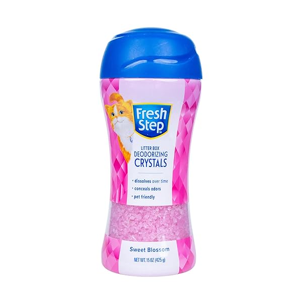 FRESH STEP CAT LITTER CRYSTALS DEODORIZER, NON TOXIC ODOR NEUTRALIZING CRYSTALS FOR LITTER BOXES THAT HELP CONTROL SMELLS AND KEEP HOME AREAS FRESH, SWEET BLOSSOM SCENT, 15 OUNCE