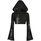 WDIRARA Women's Ripped Hollow Out Y2K Cropped Pullover Bell Sleeve Hooded Neck Hoodie Sweaters