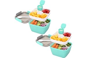 Ylebs 2 Pack Bento Box Adult Lunch Box,52-oz Salad Bowls,3 Compartment Tray with Salad Dressings Container,Used to Meal pre-prepare Food Fruit Snack,Leak Proof (Green)