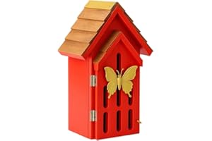 CEDAR ALPHA Shingle Roof Butterfly House for Outdoor, Insect House, Vintage Style Cedar Wood Bee House for Garden Outside, Open Door for Easy Cleaning Conservation.Shelter Hotel with Hooks for Hanging (Red)