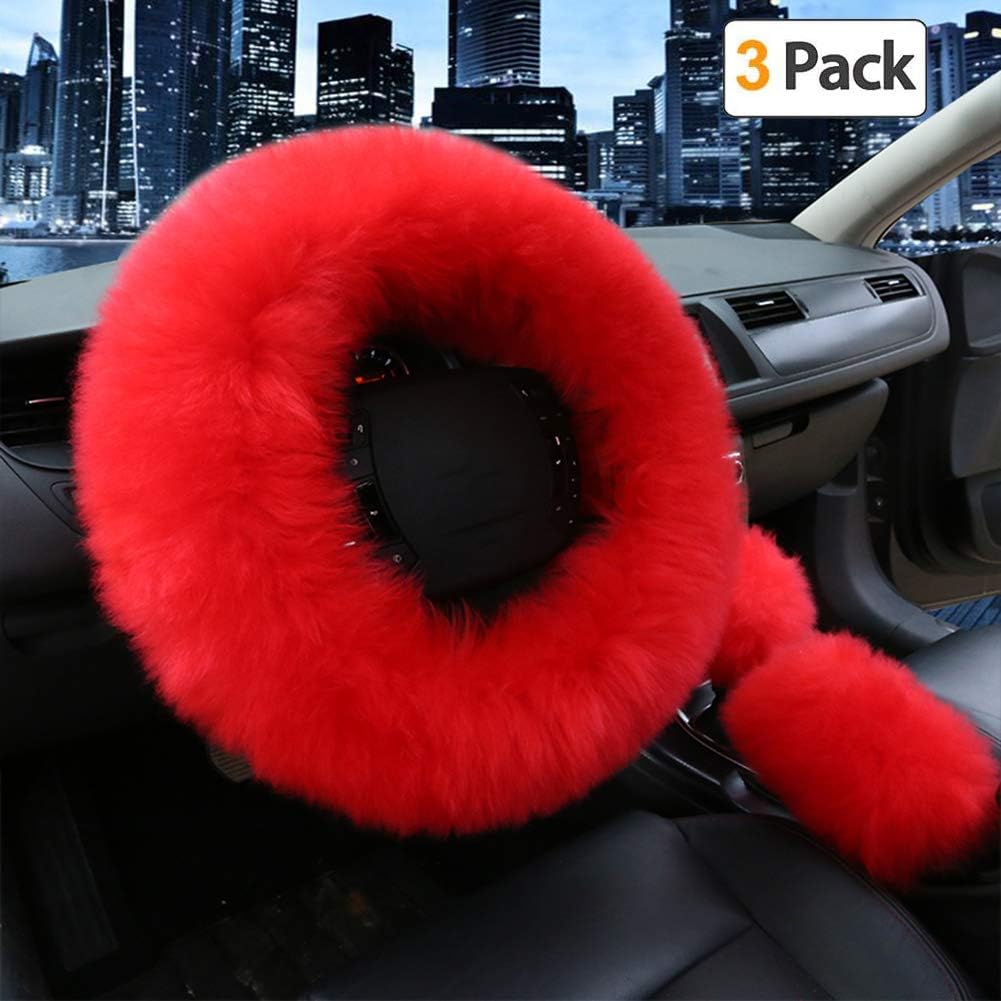 Car Steering Wheel Cover Gear Shift Handbrake Fuzzy Cover 1 Set 3 Pcs Multi-Colored with Winter Warm Pure Wool Fashion for Girl Women Ladies Universal Fit Most Car (Red)
