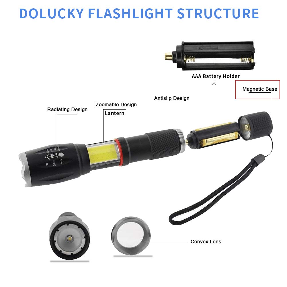 Dolucky XML T6LED Flashlight + COB Lantern, LED Tactical Flashlight Zoomable & Magnetic Base 6 Modes Waterproof Flash light for Camping, Self Defense, Outdoor Adventures, Home Emergency or Gift-Giving