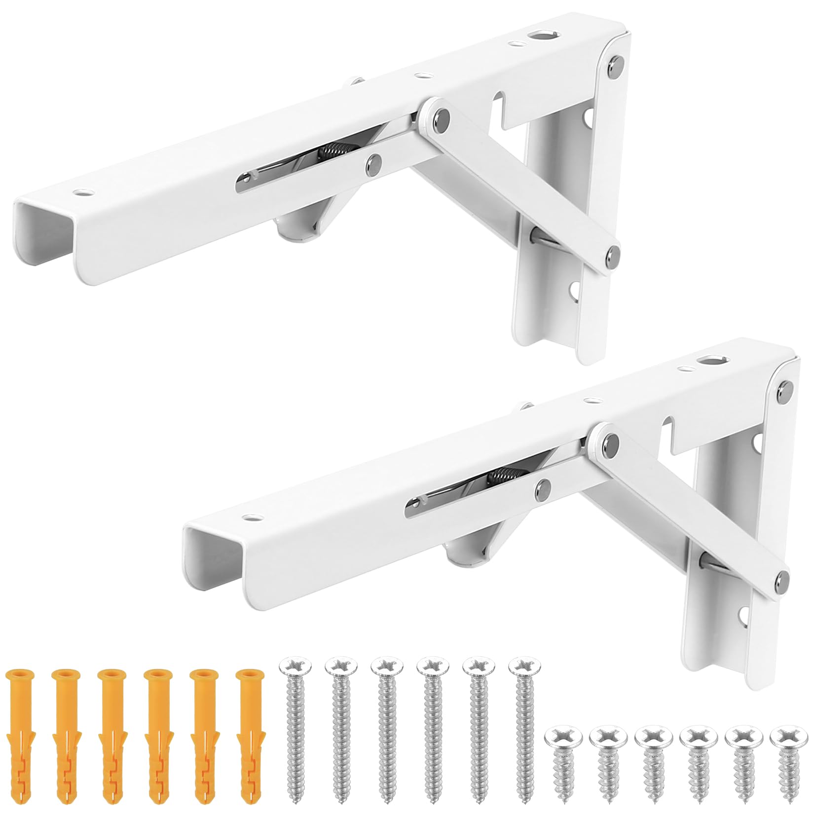 2 Pcs Folding Shelf Brackets Heavy Duty, Foldable Metal Wall Brackets for Shelves Brackets, Collapsible Shelf Brackets & Supports Wall Mounted, Folding Hinges for Bench Table Shelf(White/10 Inch)