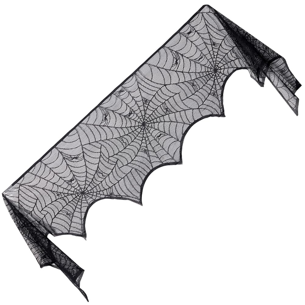 GORGECRAFT 103x18 Inch Halloween Fireplace Scarf Decoration Black Polyester Lace Spider Web Large Mantel Cover Garland Cobweb Table Cloth Placemats for Home Party Thanksgiving Festive Indoor Supplies