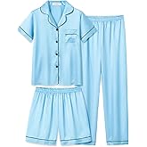 UNICABBIT21 Satin Summer Pajamas for Big Girls Unisex Kids Silk Button Down Short Sleeve & Shorts PJS 3PCS Size 8-16