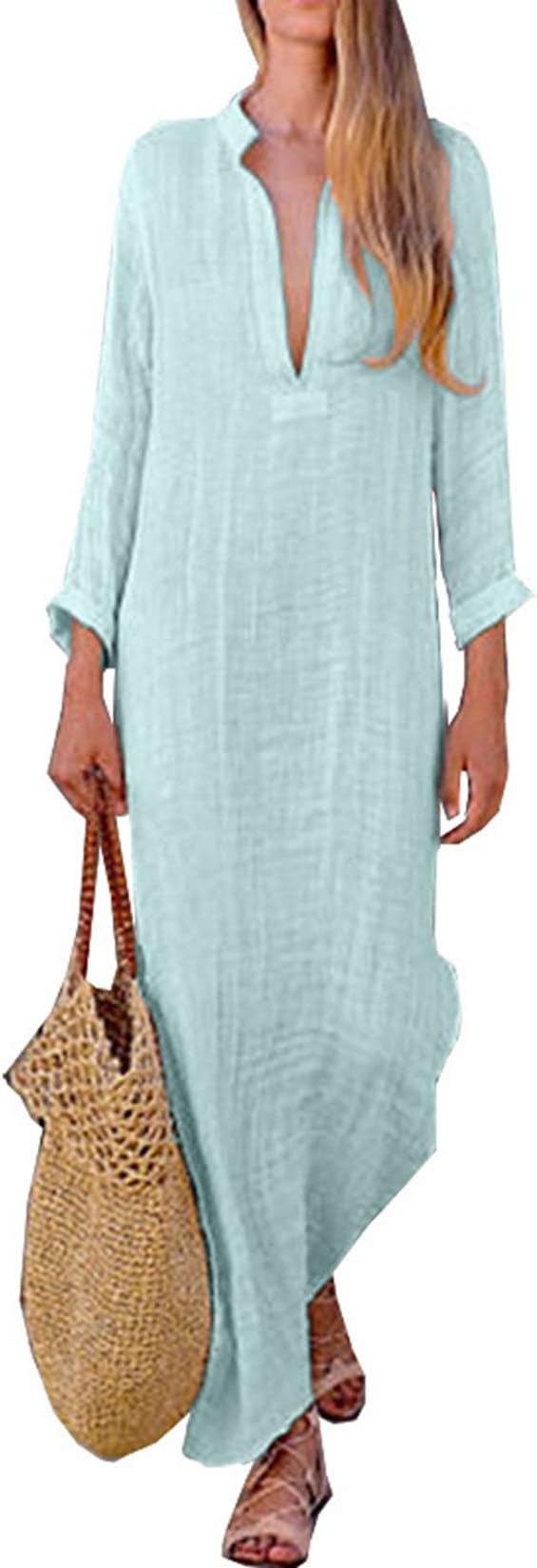 Asskdan Women Dress Cotton Linen Long Maxi Dress Evening Party Shirt Dress 3/4 Sleeve V-Neck Loose Kaftan Plus Size Dress