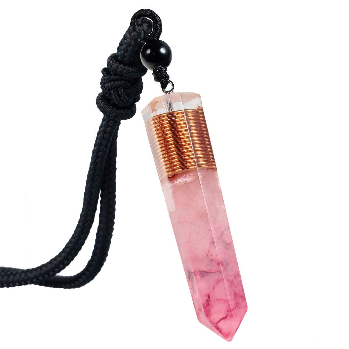 mookaitedecor Rose Quartz Crystal Point Pendent Necklace for Women Men, Resin Healing Crystal Chip Necklace Pink Crystal Pendulum Necklace Hexagonal Semi Precious Stone Reiki Chakra Spiritual Gift