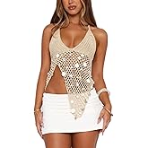 Sequin Crochet Halter Tops for Women Sexy Open Back Y2k Crop Top Hollow Out Knit Summer Beach Going Out Tops
