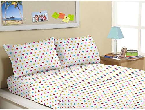 3 Piece Queen White Queen Of Hearts Pattern Sheet Set, White Color Small Love Shapes Printed All Over Printed Deep Pocket Kids Bedding, Luxurious Cute Colorful Teen Themed, Microfibre Polyester