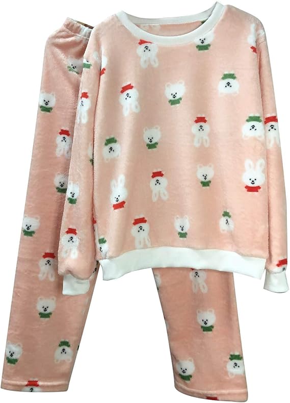 Amazon La Miu パジャマ レディース 冬 もこもこ 長袖 厚手 裏起毛 フランネル 毛布 ふわもこ ルームウェア 上下セット ナイトウェア 柔らかい 肌に優しい かわいい あったか 部屋着 寝巻き 誕生日 プレゼント 女の子 717 ピンク 熊 ウサギ Free パジャマ ルーム