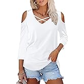 Amoretu Womens Summer Shirts V Neck Criss Cross Cold Shoulder Tops Blouse