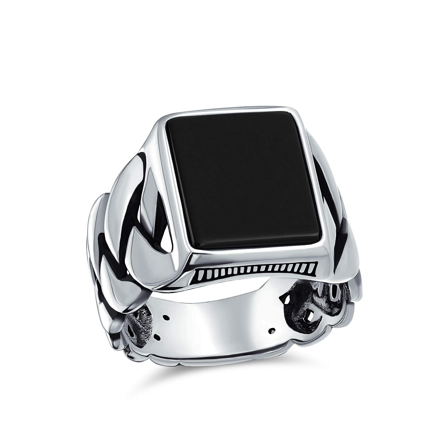 Personalized Braided Cable Wheat Wide Link Chain Band Black Onyx Gemstones Rectangle Statement Signet Ring For Men .925 Sterling Silver Handmade In Turkey