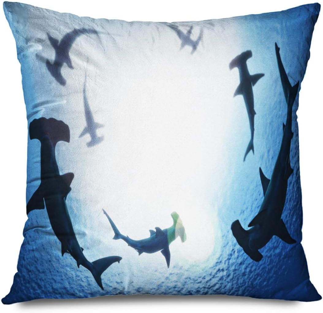 Onete Decorative Throw Pillow Cover for Couch and Bed Creature School Deep Hammerhead Sharks Circling Above Swimming Sun Ocean Nature Design Great Teeth Cushion Covers Pillow case 18" x 18"