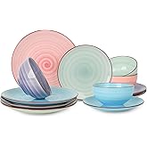 Selamica Ceramic 12-Pieces Dinnerware Sets, Scratch Resistant Plates and Bowls Sets, Handpainted Swirl Dishes Set for 4 with Spray Black Dots, Dishwasher&Microwave Safe, Gradient Color