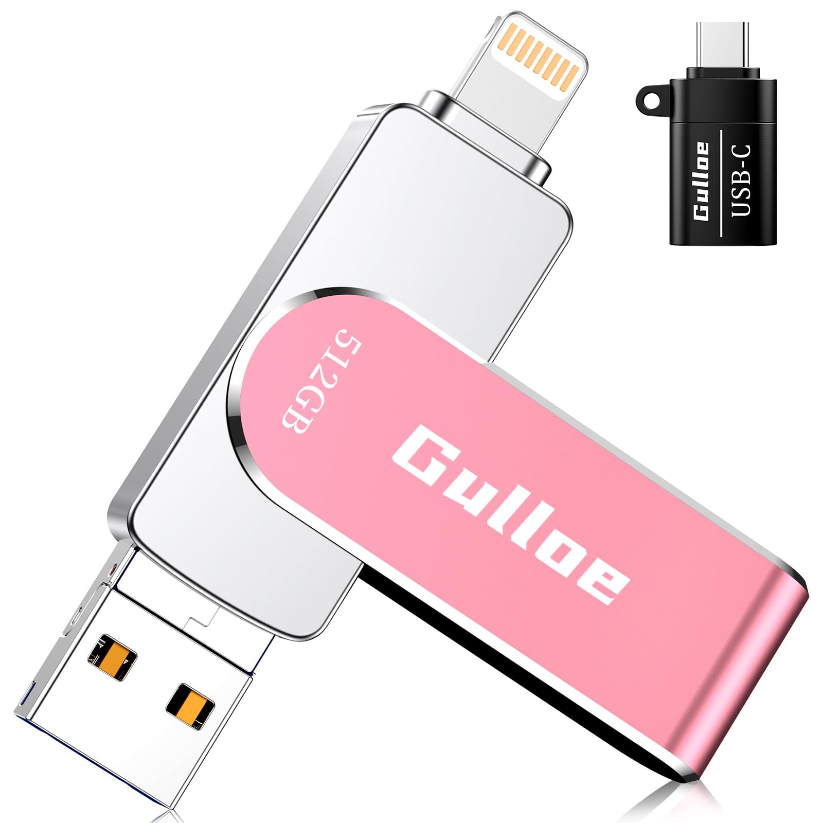 Photo 1 of Gulloe 512GB USB Flash Drive Intended for iPhone iPad, Memory Stick Storage for Photos and Videos Backup, Compatible with iPhone iPad Android PC, Plug and Play, No Application Required (Pink)
