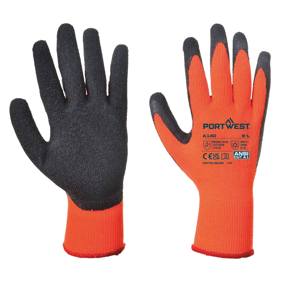 Portwest A140 Heavy Duty Thermal Grip Glove - Latex Orange/Black, Medium