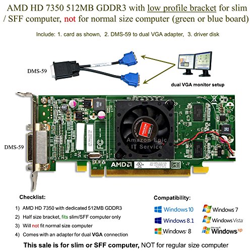 Epic IT Service - AMD Radeon HD 7350 512MB low profile graphics card (half size bracket, dual VGA), fits slim / SFF size computer only