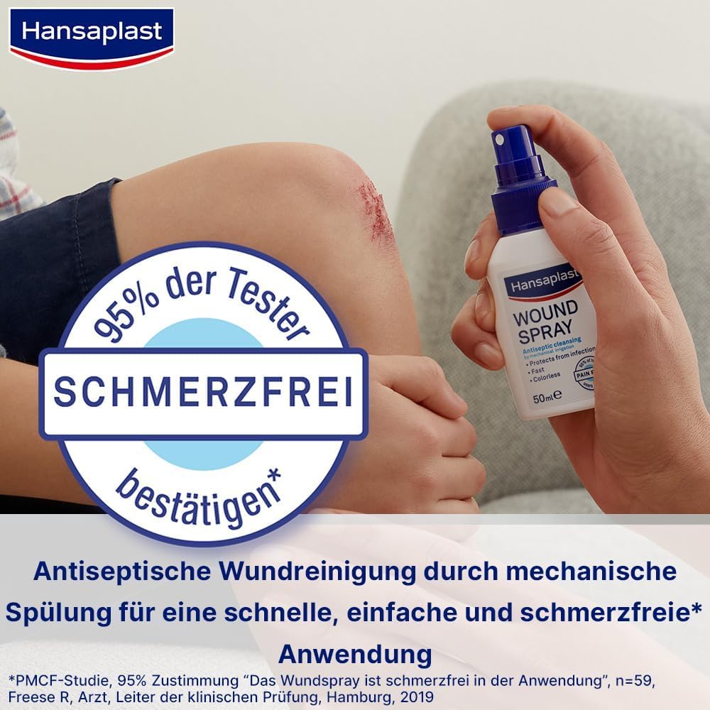 Hansaplast Wundspray (50 ml), zur antiseptischen Wundreinigung durch mechanische Spülung, Spray schützt vor Wundinfektionen, farblos und besonders hautfreundlich 3