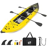 Goplus Inflatable Kayak, 2-Person Kayak Set for Adults with 507 LBS Weight Capacity, 2 Aluminium Oars, EVA Padded Seat, 2 Fins, Hand Pump, Carry Bag, Repair Kit, Portable Touring Kayaks (Yellow)