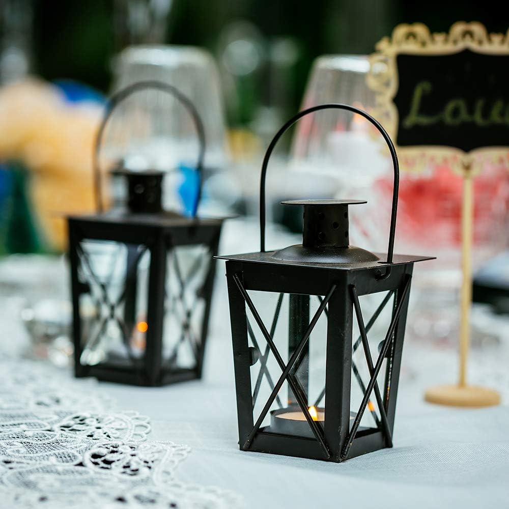 4 Pcs Vintage Black Metal Mini Decorative Candle Lanterns Tealight Candle Holder & Led Tea Light Candleholder Decoration for Birthday Parties Wedding Centerpiece Relaxing Spa Setting (Black, 4 Pcs): Home & Kitchen