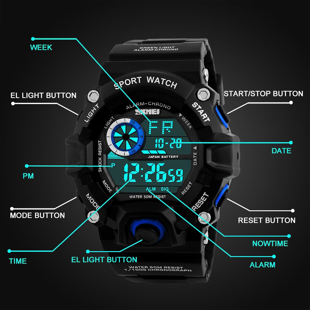 Digitale Herren Sportuhr, Outdoor 5 Bar wasserdicht Laufen militärische LED Uhren, große Anzeige Armbanduhr mit Wecker für Herren von ZAWTR