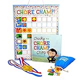 Chore Champ! – Chore Chart Set Toddlers Kids - Responsibility, Behavior, Reward - Includes Book, Magnetic Chart, 78 Magnets Gold Medal Reward - Learn from Cheeky, The Chore Champ Chimp!