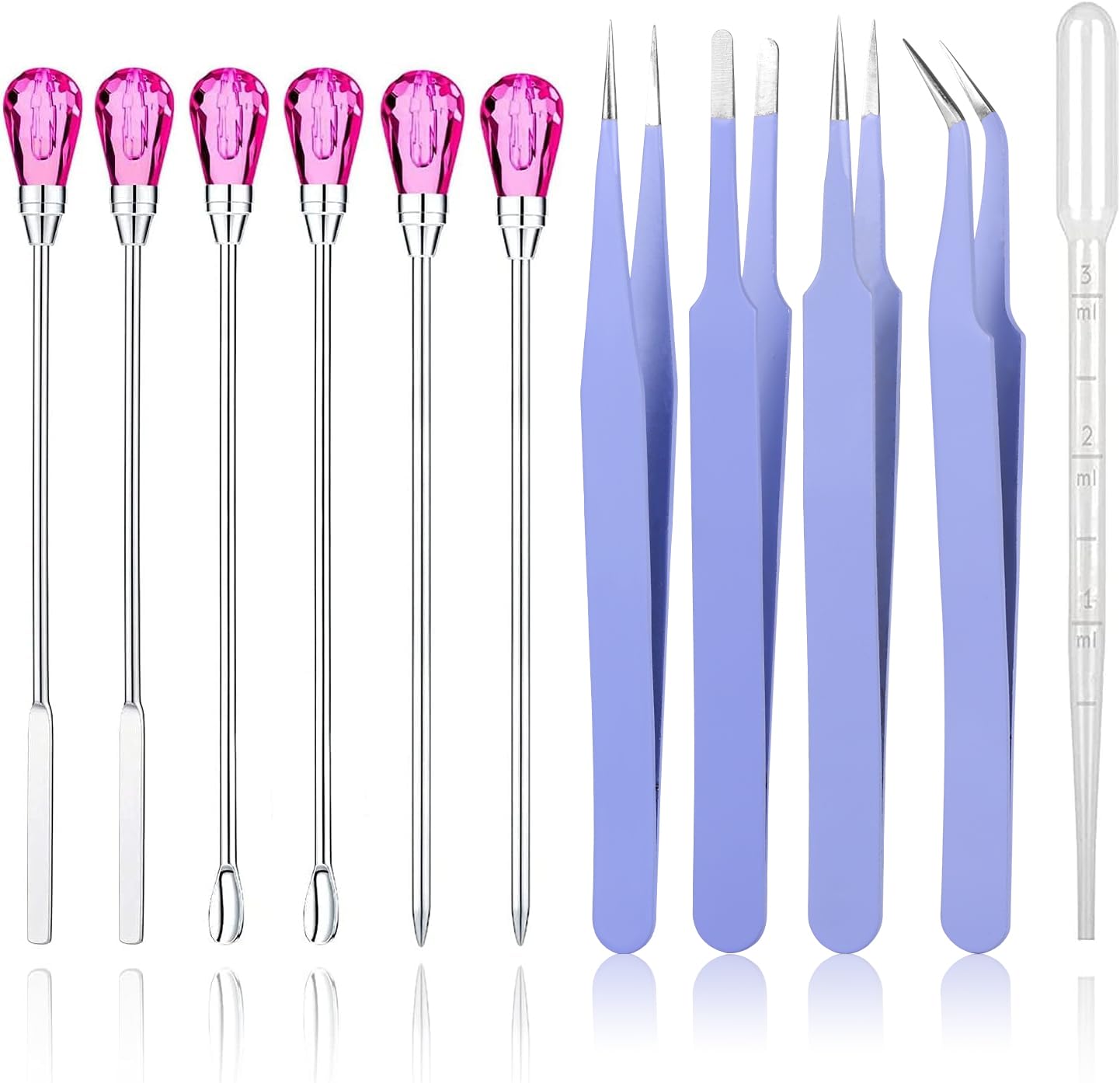 11 Pcs Resin Accessories Set Silicone Resin Mold Tools Kit Resin Craft Tweezers Stirring Needle Spoon Dropper Stainless Steel Anti-Static for Craft Jewelry Making Powder Liquid Stirring(Red&Purple)